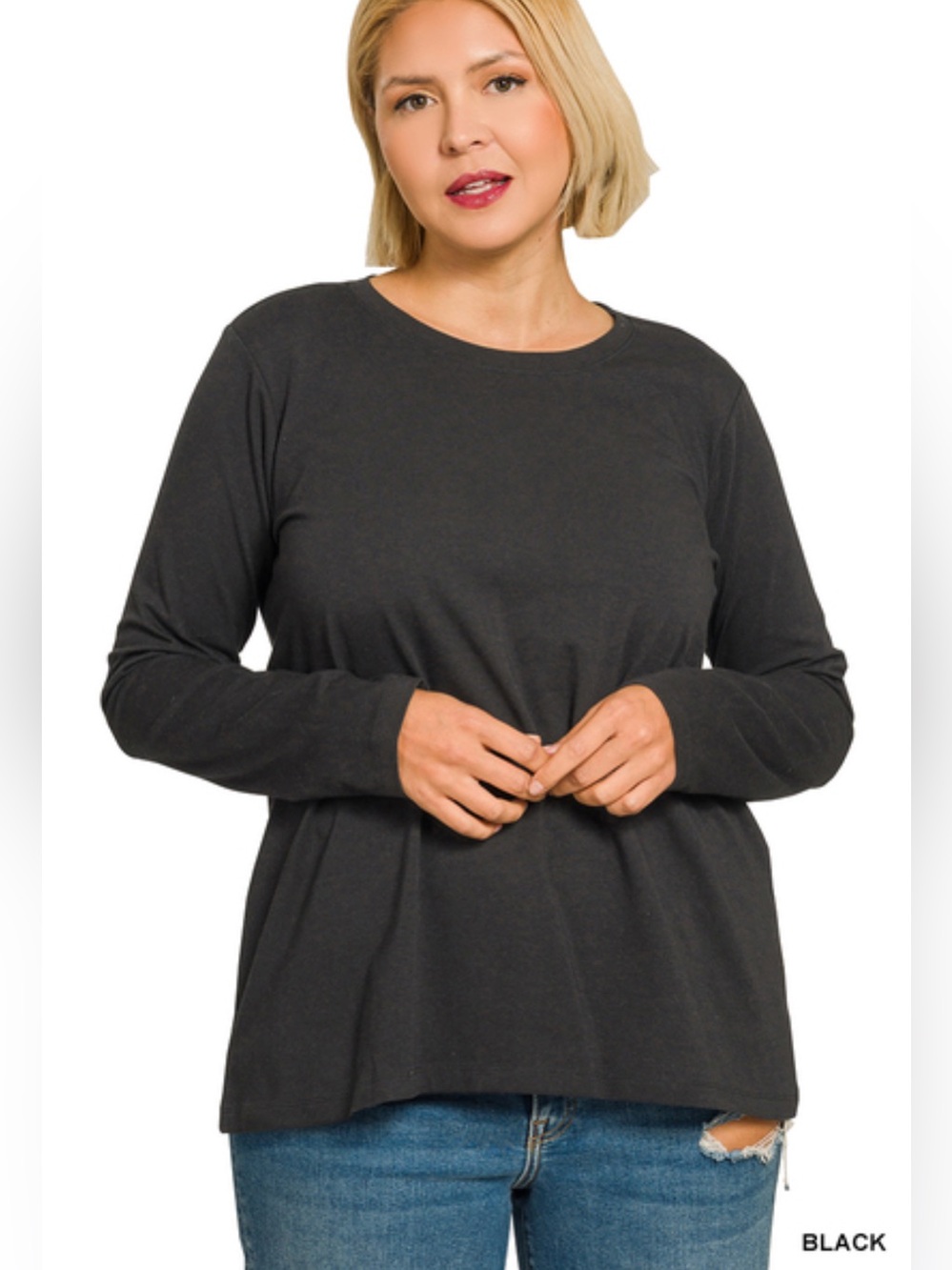 Zenana PLUS Black Cotton and Spandex Crew Neck Long Sleeve T-Shirt